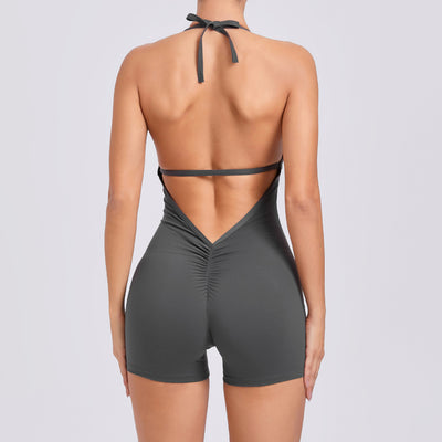 High-Elastic One-Piece Fitness Jumpsuit with Halter Neck and Open-Back Shorts