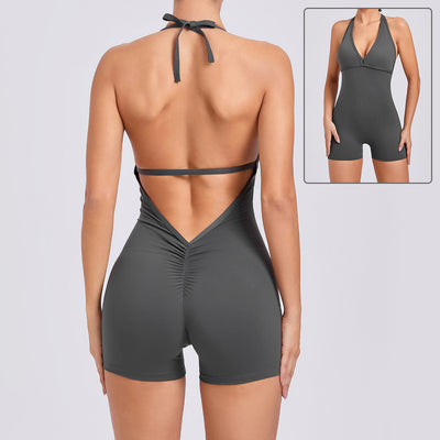 High-Elastic One-Piece Fitness Jumpsuit with Halter Neck and Open-Back Shorts