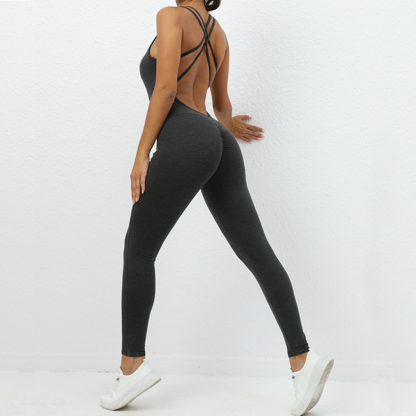 Quick-Drying Yoga Jumpsuit with Cross-Back Strap Design | Tight-Fitting, Seamless Running & Fitness Leggings