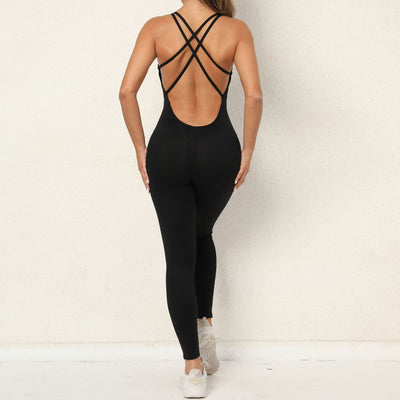 Quick-Drying Yoga Jumpsuit with Cross-Back Strap Design | Tight-Fitting, Seamless Running & Fitness Leggings