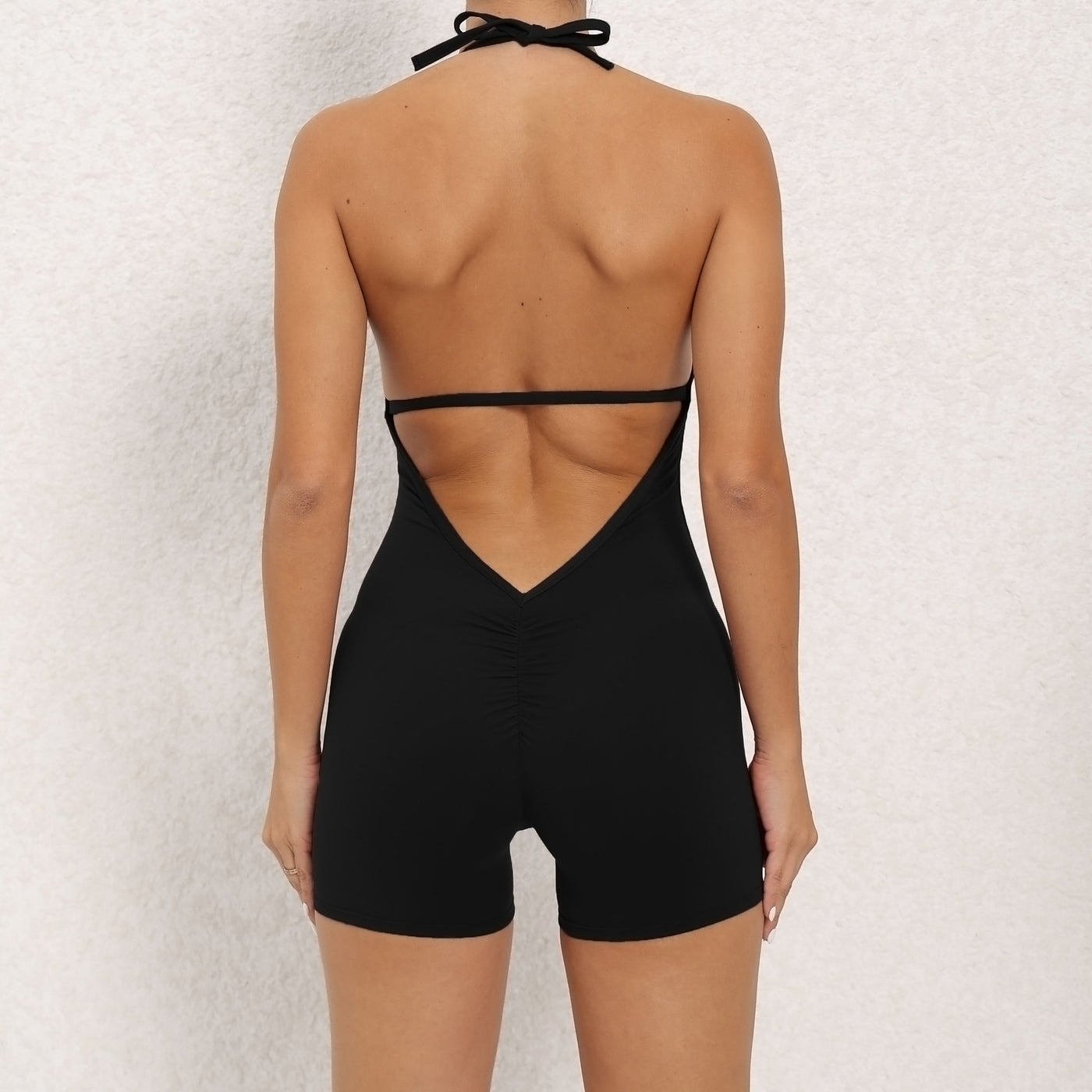 High-Elastic One-Piece Fitness Jumpsuit with Halter Neck and Open-Back Shorts